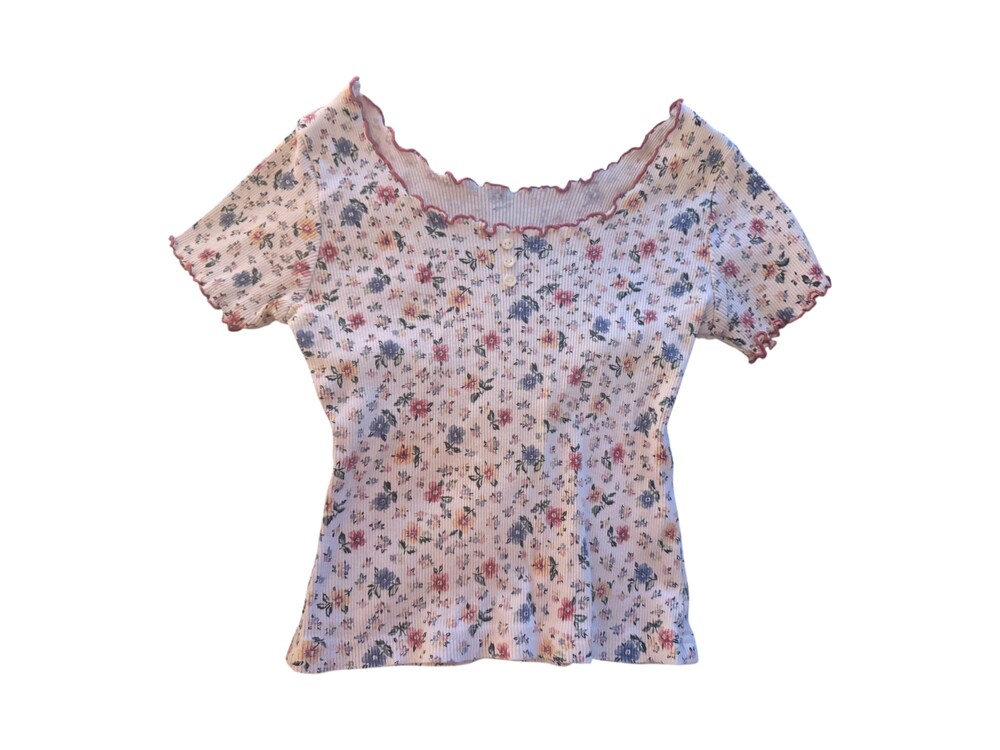 Floral Ribbed Short Sleeve Top with Lettuce Edge Trim and Three-Button Front